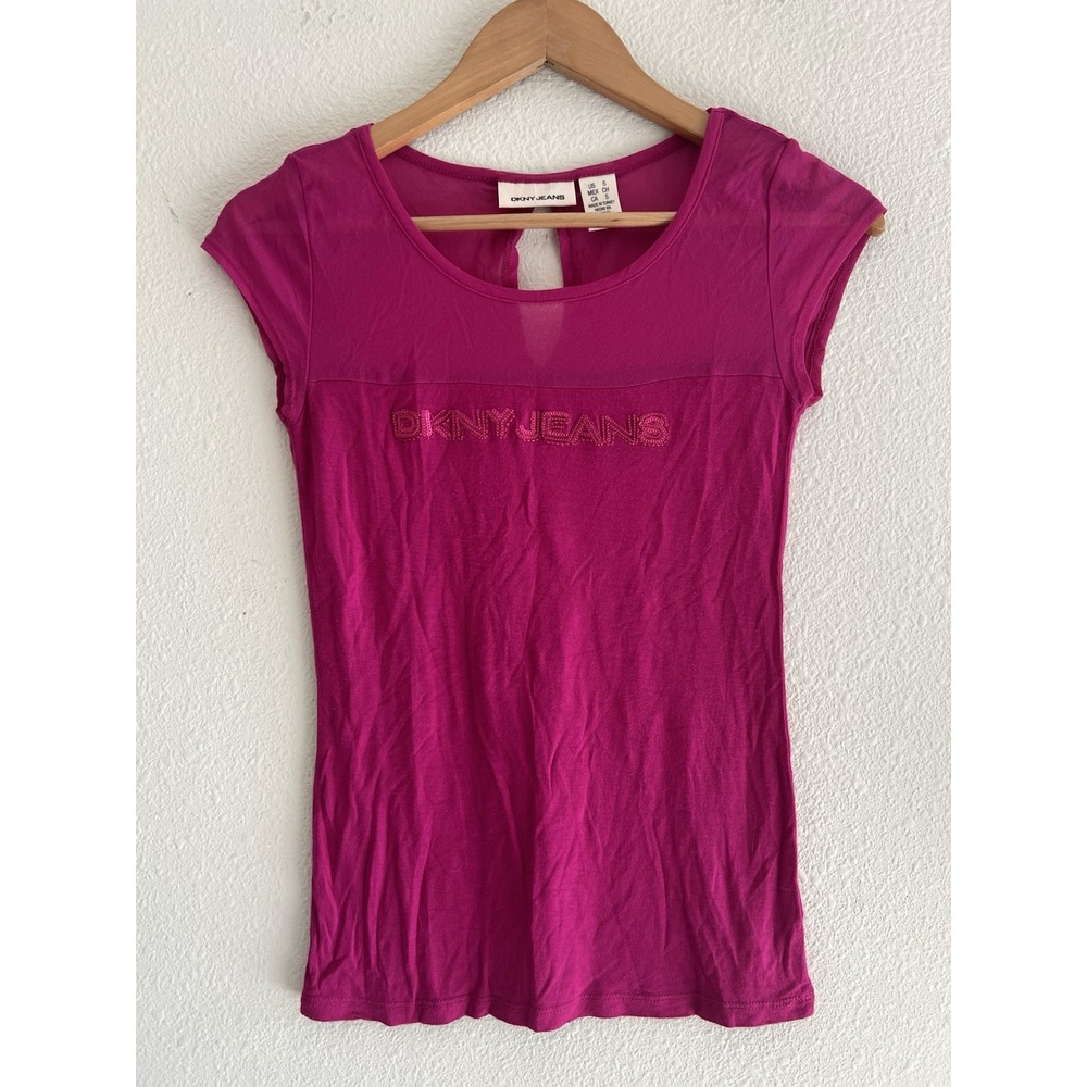 DKNY Jeans Y2K Magenta Pink Sequined Logo Mesh Baby Tee Size Small Festival